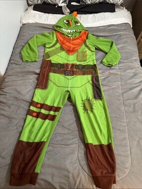 Fortnite Rex Dino Hooded Kids Halloween fleece pajama Costume Sz M 10/12